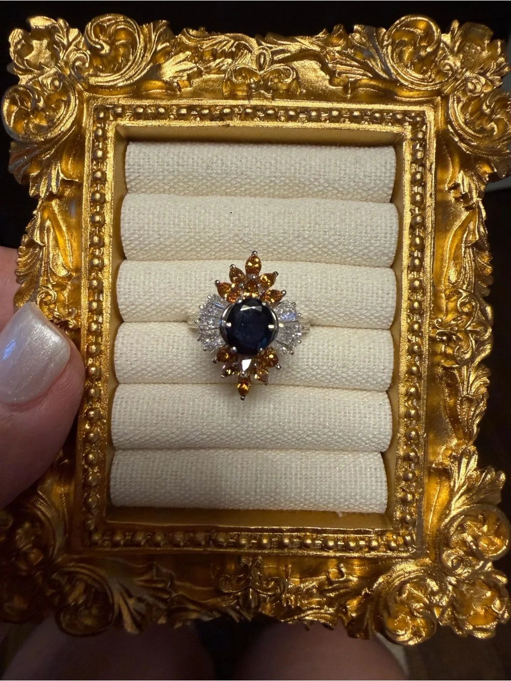 Vintage 18kWhite Gold Blue Sapphire Ring w/ Natural Orangey Diamonds & Baguett